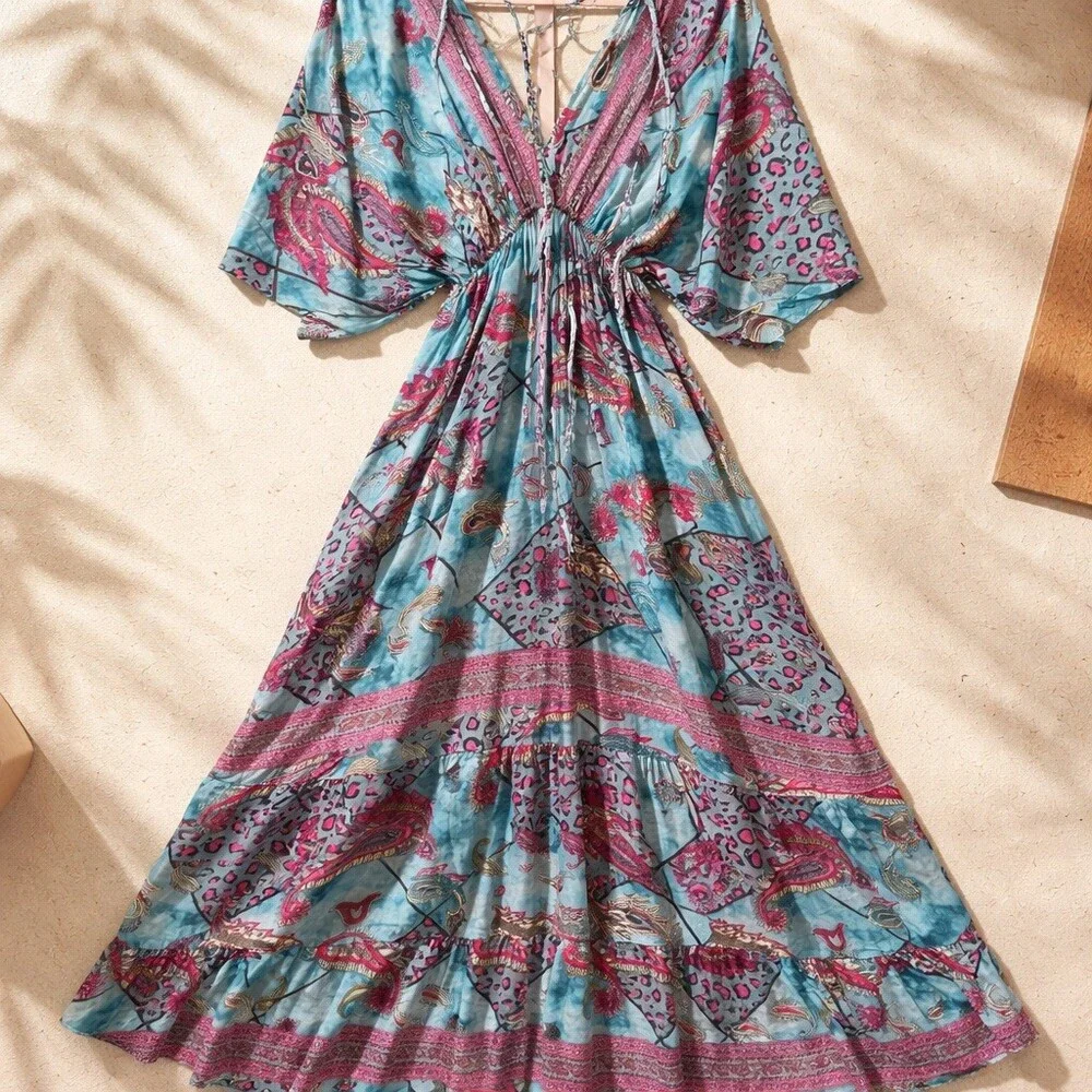 White Waves Maxi Dress Womens L Blue Pink Paisley Boho V-Neck Tie Back - Picture 2 of 4